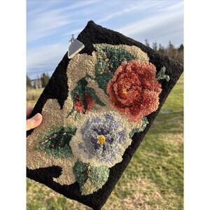 Hand Hooked Rug Clutch bag 14x9" Needlepoint Bold Floral Handmade